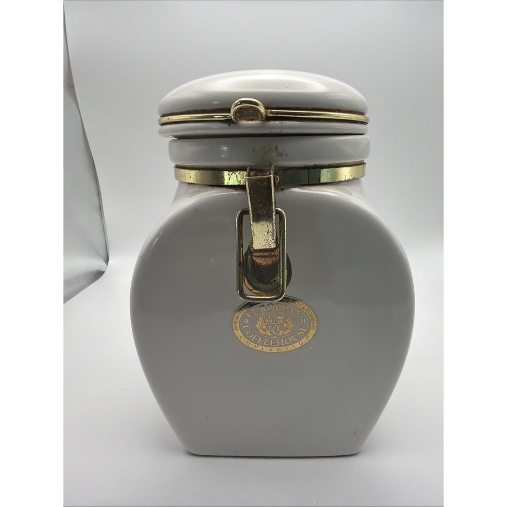 Vintage European Coffeehouse Collection White & Gold Ceramic Canister 8 3/8"